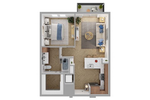 Floor plan for 1 bed, 1 bath, 644 sqft